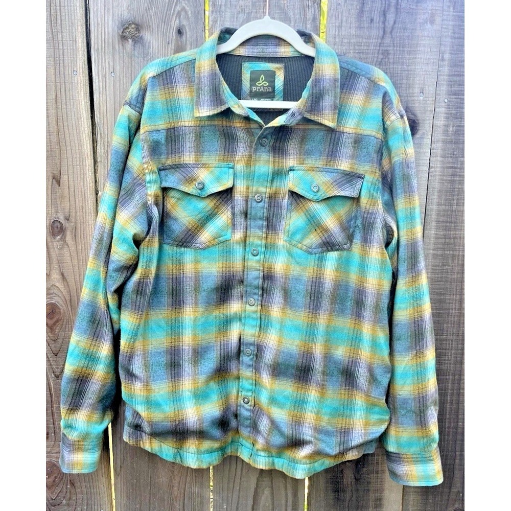 prAna Men's Thermal lined Flannel Size Large Green snap up pockets long sleeve